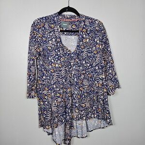 Maeve Womens XS Button Down Blouse Floral‎ Tie Neck Pleated Boho Tunic Blue